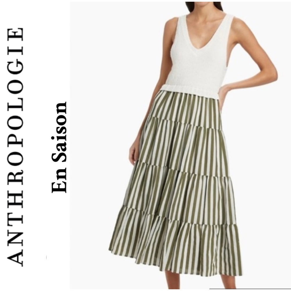 En Saison Sky Blue Mixed Media Knit V Top Tiered Striped Maxi Long Skirt Dress